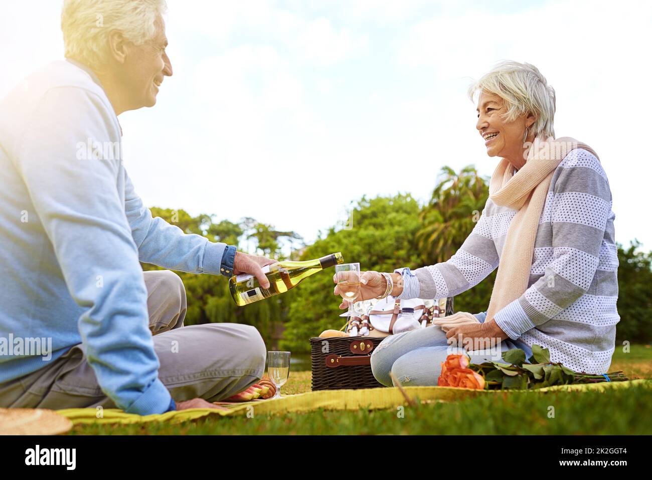 Collage sur un pétillant. Photo d'un couple senior en train de pique-niquer dans un parc. Banque D'Images