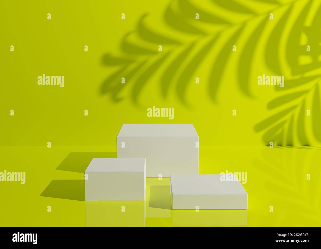 Trois podiums blancs ou supports sur fond jaune électrique pour l'affichage du produit. Composition minimaliste pour la photographie de produit 3D rendu maquette. Banque D'Images