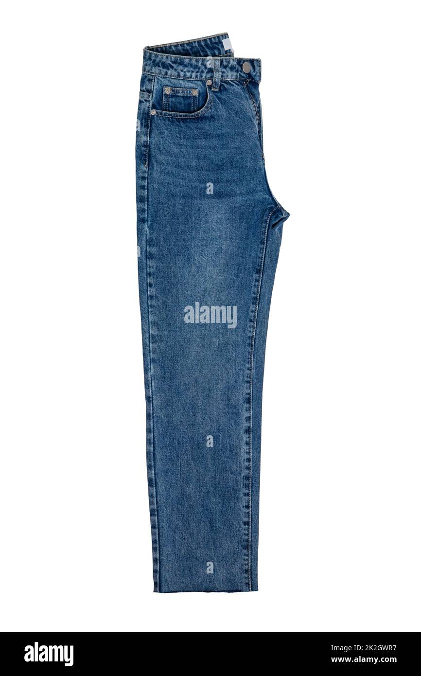 Femme Jean isolé. Pantalon féminin élégant et tendance avec Jean bleu, isolé sur fond blanc. Masque. Pantalon denim tendance pour femme. Banque D'Images