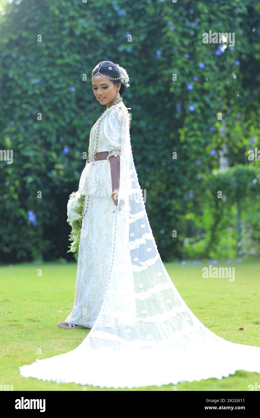white decorated saree with bride sri lanka Banque D'Images