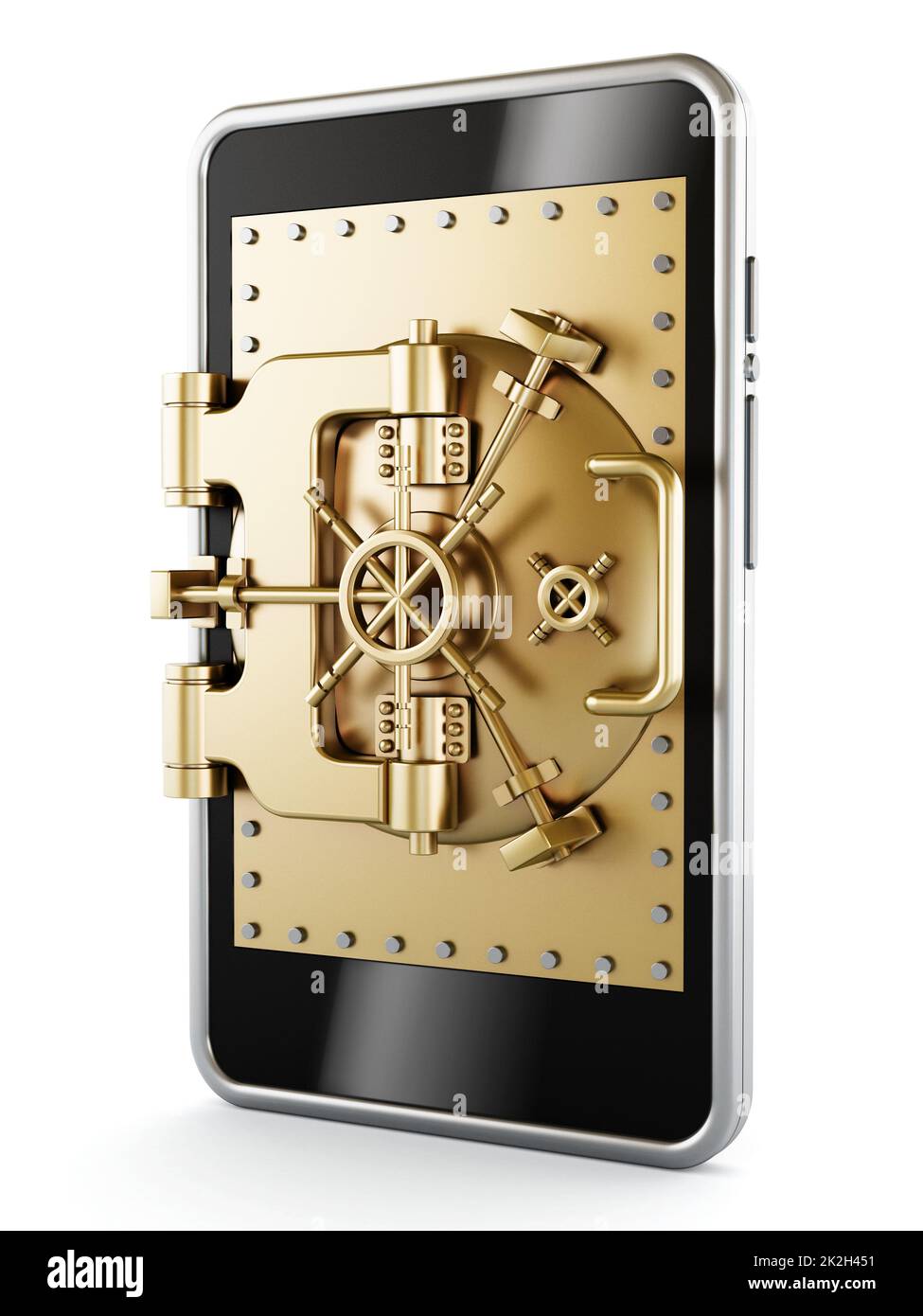 Porte de sécurité voûtée en or sur l'écran du smartphone Banque D'Images