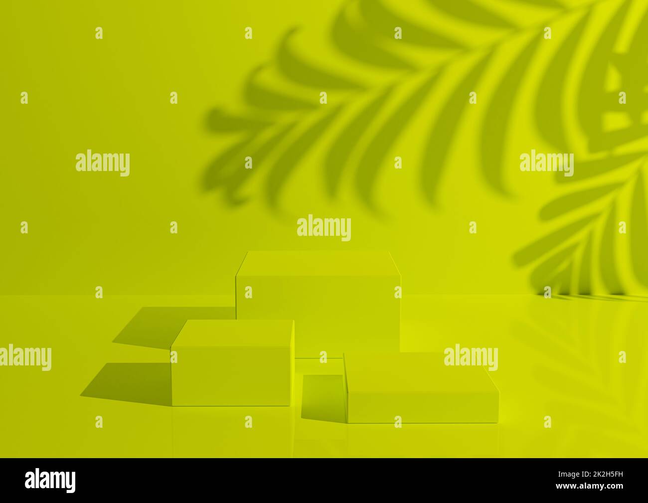 Trois podiums ou supports sur fond jaune électrique pour l'affichage du produit. Composition minimaliste pour la photographie de produit 3D rendu maquette. Banque D'Images