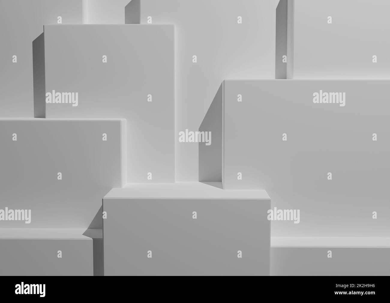 Fond blanc ou gris clair minimal 3D scène de maquette de studio avec podiums et niveaux pour l'affichage et la présentation du produit. Papier peint architectural géométrique horizontal. Banque D'Images