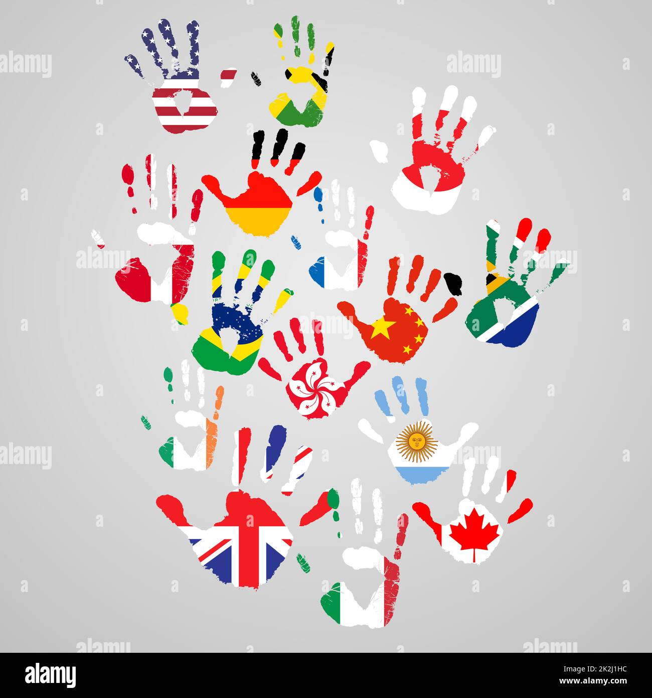 Prêter main au changement mondial.Représentations des empreintes de personnes du monde entier. Banque D'Images