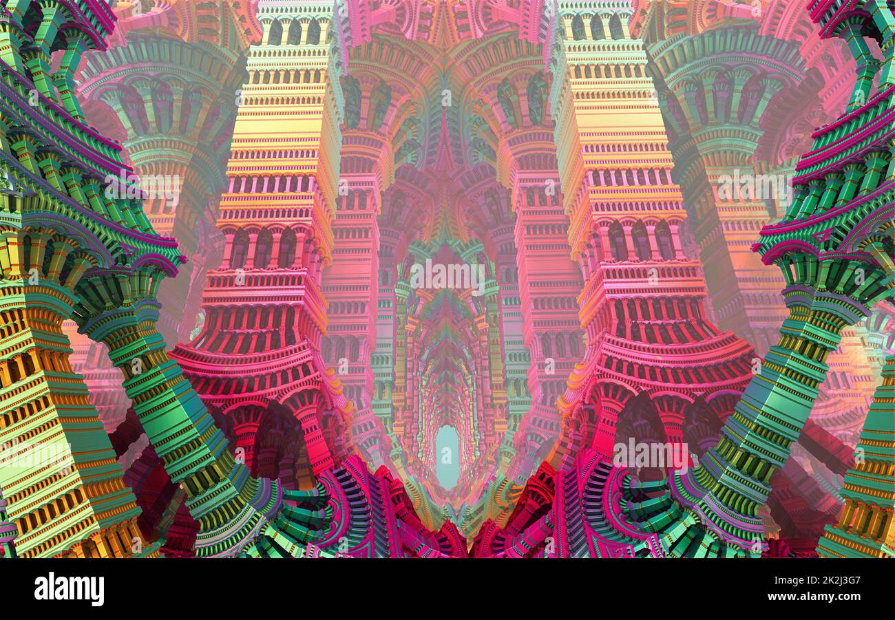 Conception Fractal abstraite générée par ordinateur. 3D Aliens Illustration d'un beau château d'arc-en-ciel fractal de mandelbrot mathématique infinie. Banque D'Images