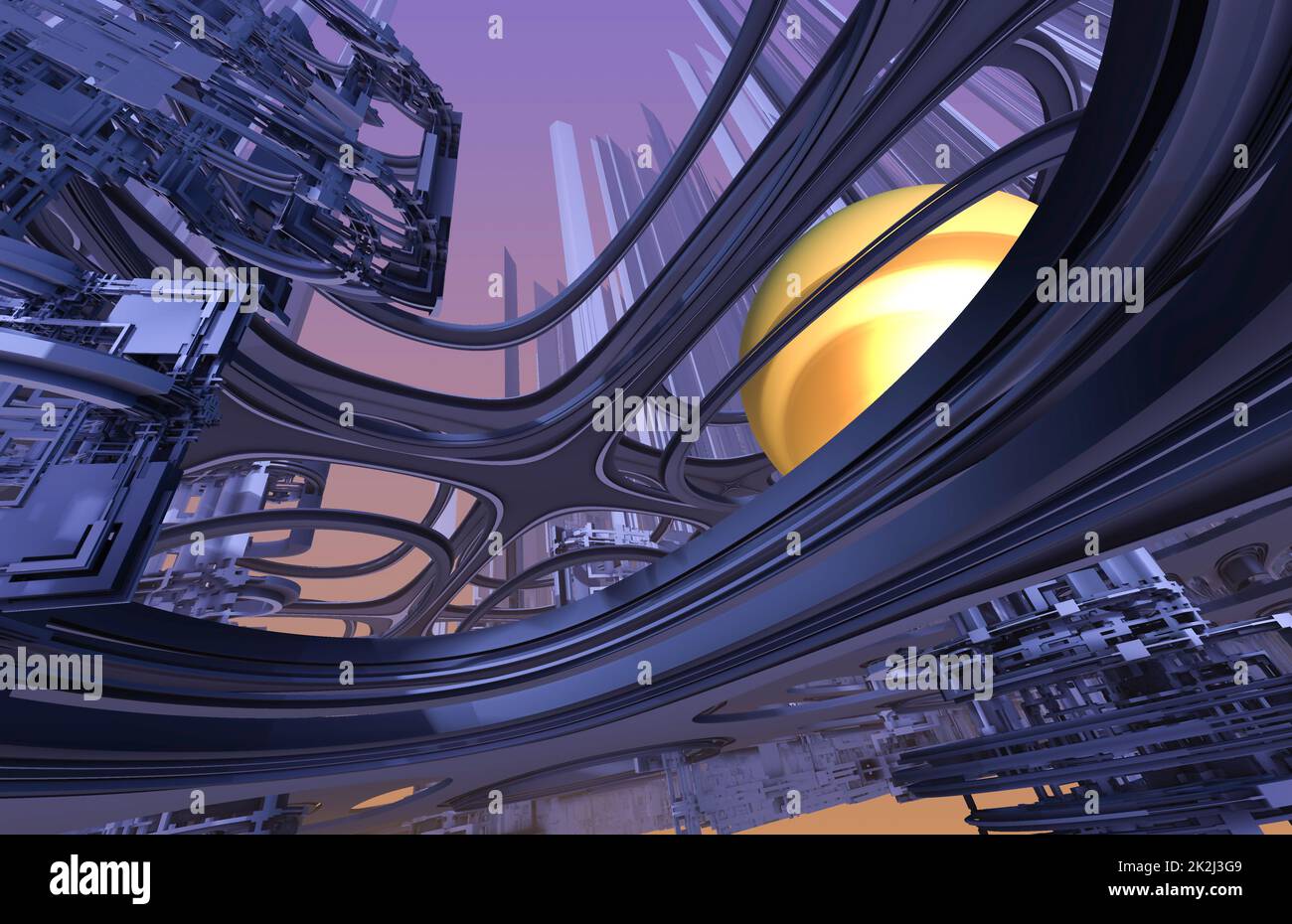 Conception Fractal abstraite générée par ordinateur. 3D aliens Illustration d'un beau mandelbrot mathématique infini ensemble fractal en violet et jaune ville. Banque D'Images