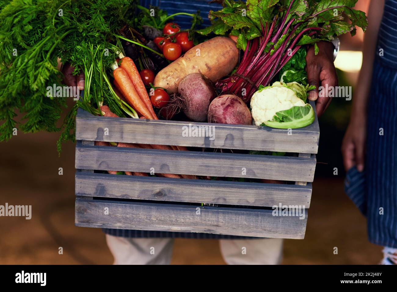 Mangez sainement, restez en bonne santé. Plan de culture d'un fermier méconnaissable tenant une caisse pleine de produits frais à sa ferme. Banque D'Images
