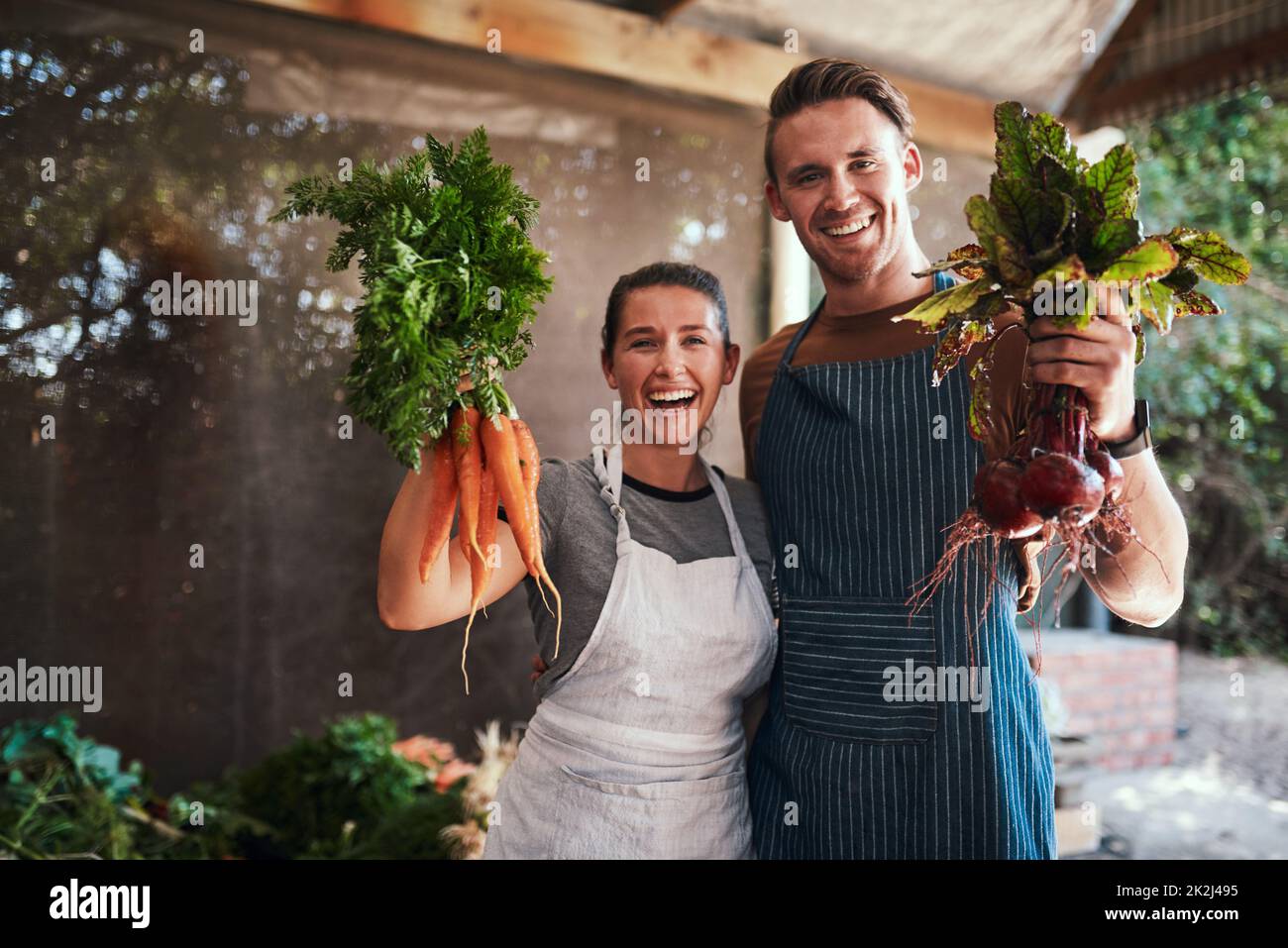 Choisissez votre favori. Portrait d'un jeune couple heureux qui se pose ensemble tenant des grappes de carottes fraîchement cueillies et de betteraves à leur ferme. Banque D'Images