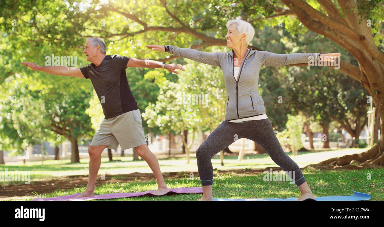 Il n'y a pas de plan de retraite à mettre en place. Prise de vue en longueur d'un couple senior heureux faisant du yoga ensemble au parc. Banque D'Images