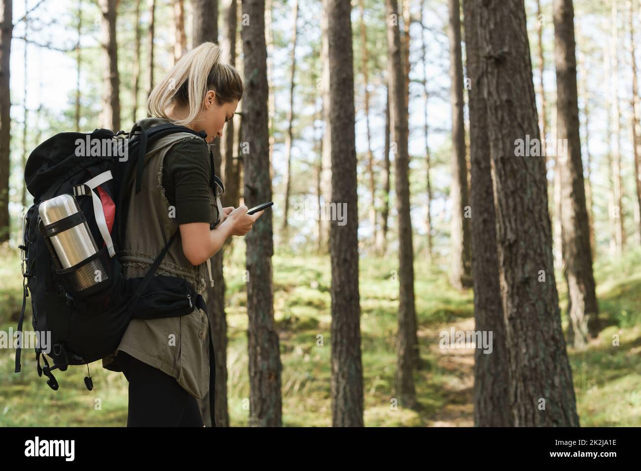 Une femme de randonnée utilise un smartphone pour la navigation dans la forêt verte Banque D'Images