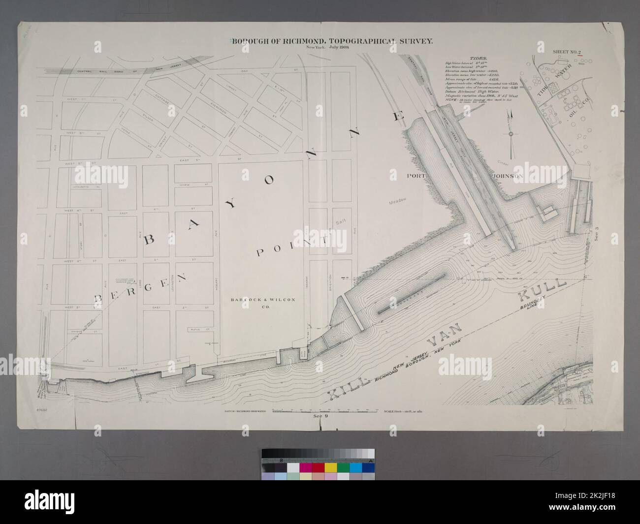 Cartographie, cartes, cartes topographiques. 1906 - 1913. Lionel Pincus et Princess Firyal Map Division. Staten Island (New York, New York) Feuille no 2. Inclut Richmond Terrace dans Staten Island, Port Johnson, New Jersey et Richmond Borough Boundary Line, et Bayonne dans le New Jersey. Arrondissement de Richmond, arpentage topographique. Banque D'Images