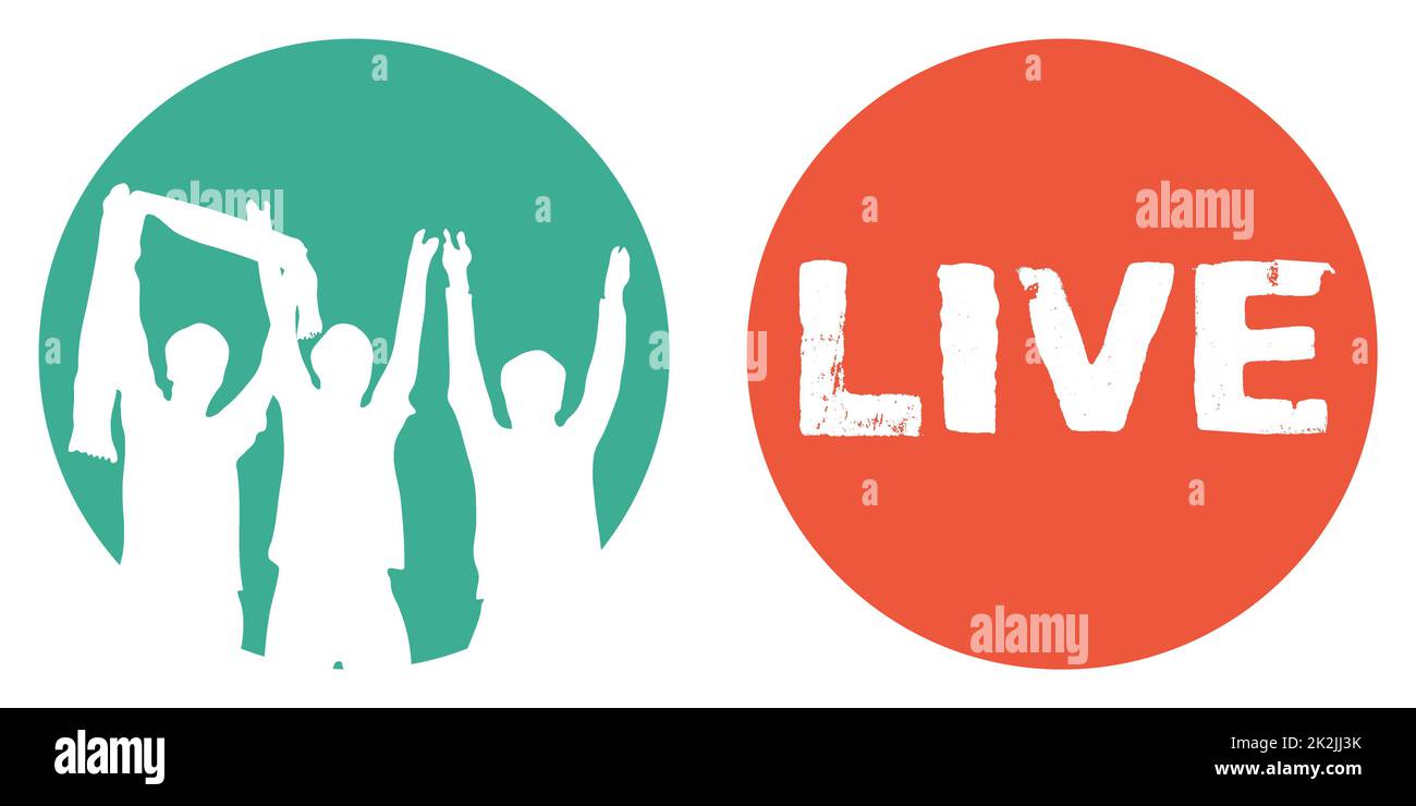 Bannière avec 2 boutons: Musique, Sport ou événement avec des fans en direct, Livestream Banque D'Images