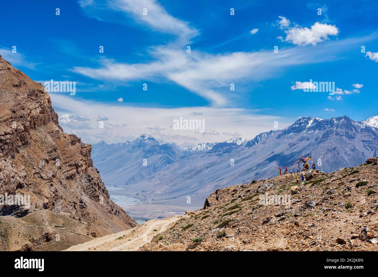 Vue sur la vallée de Spiti et la rivière Spiti dans l'Himalaya. Banque D'Images