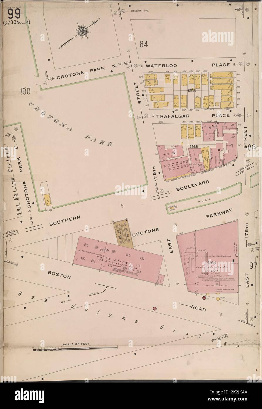 Cartographie, cartes. 1915. Lionel Pincus et Princess Firyal Map Division. Assurance-incendie , New York (État), biens immobiliers , New York (État), Villes et villages , New York (État) Bronx, V. 15, plaque no 99 carte délimitée par Crotona Park, Waterloo place, E. 176th St., Boston Rd., Crotona Park E. Banque D'Images