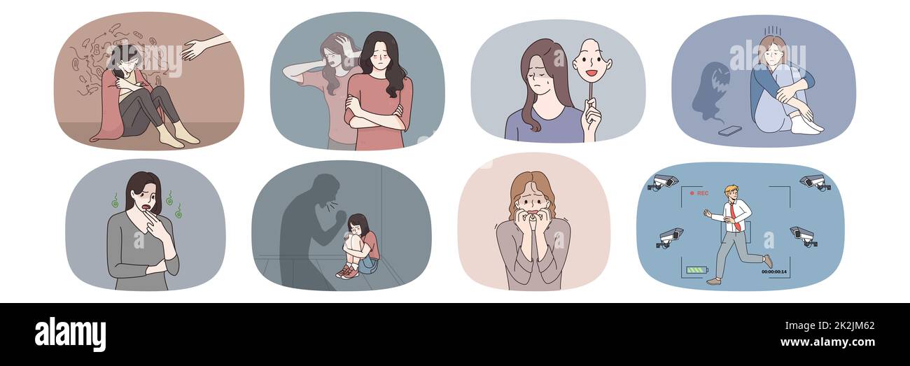 Ensemble de personnes stressées souffrent de paranoïa ou d'attaque Banque D'Images