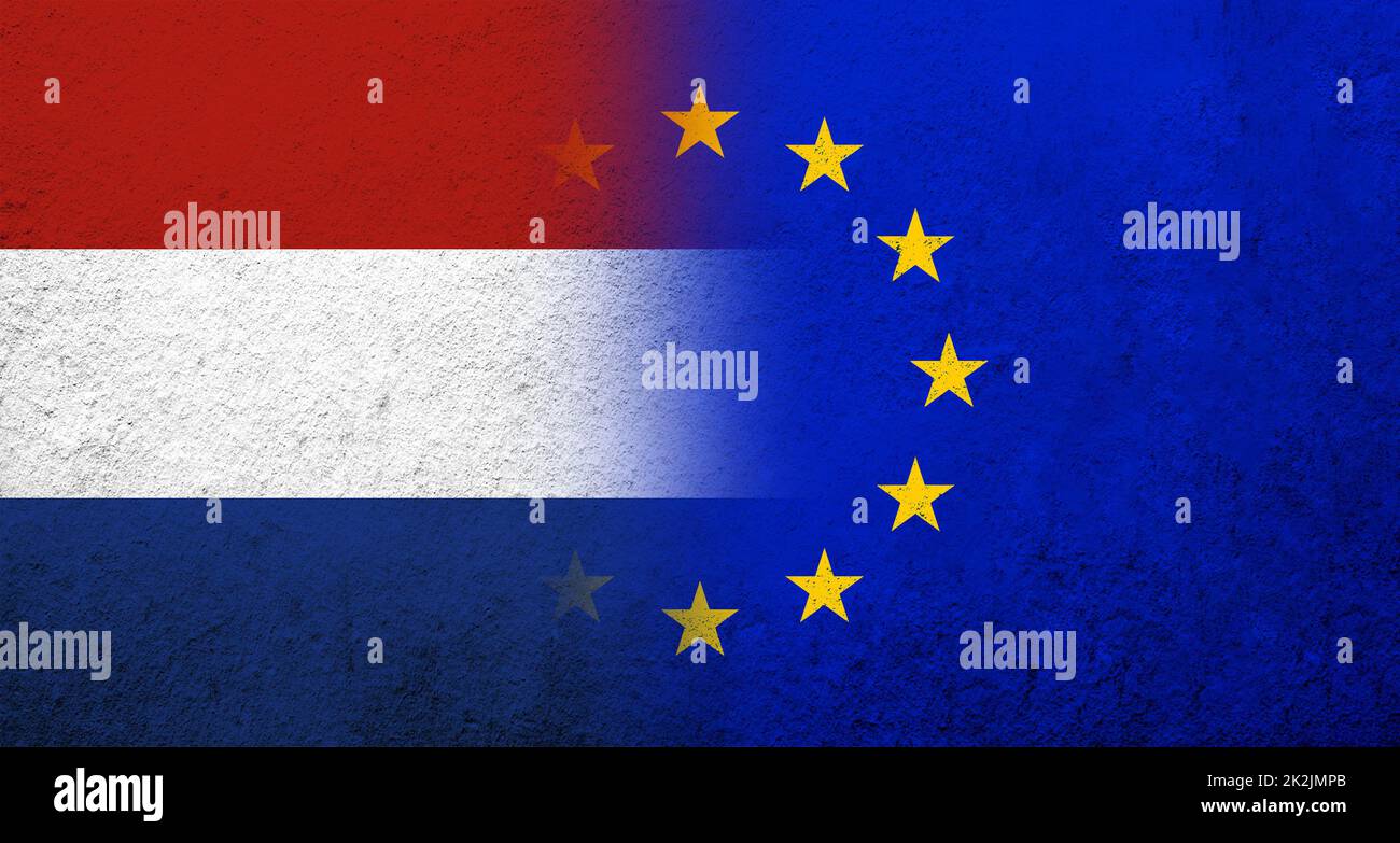 Drapeau de l'Union européenne avec le Royaume des pays-Bas drapeau national. Grunge l'arrière-plan Banque D'Images