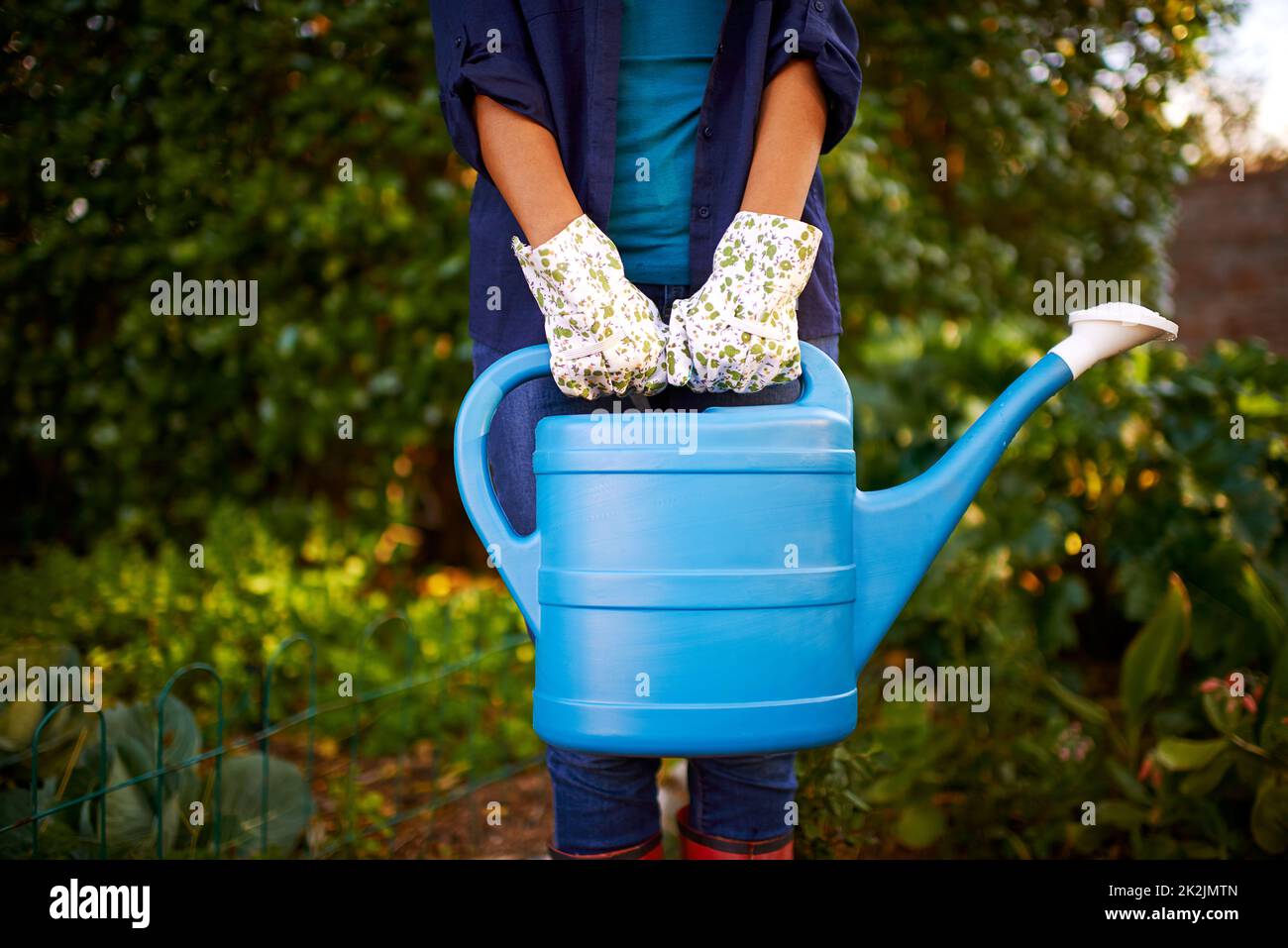 Nous allons jardiner. Plan de récolte d'une jeune femme tenant une CAN d'eau tout en jardinant dans son arrière-arrière. Banque D'Images