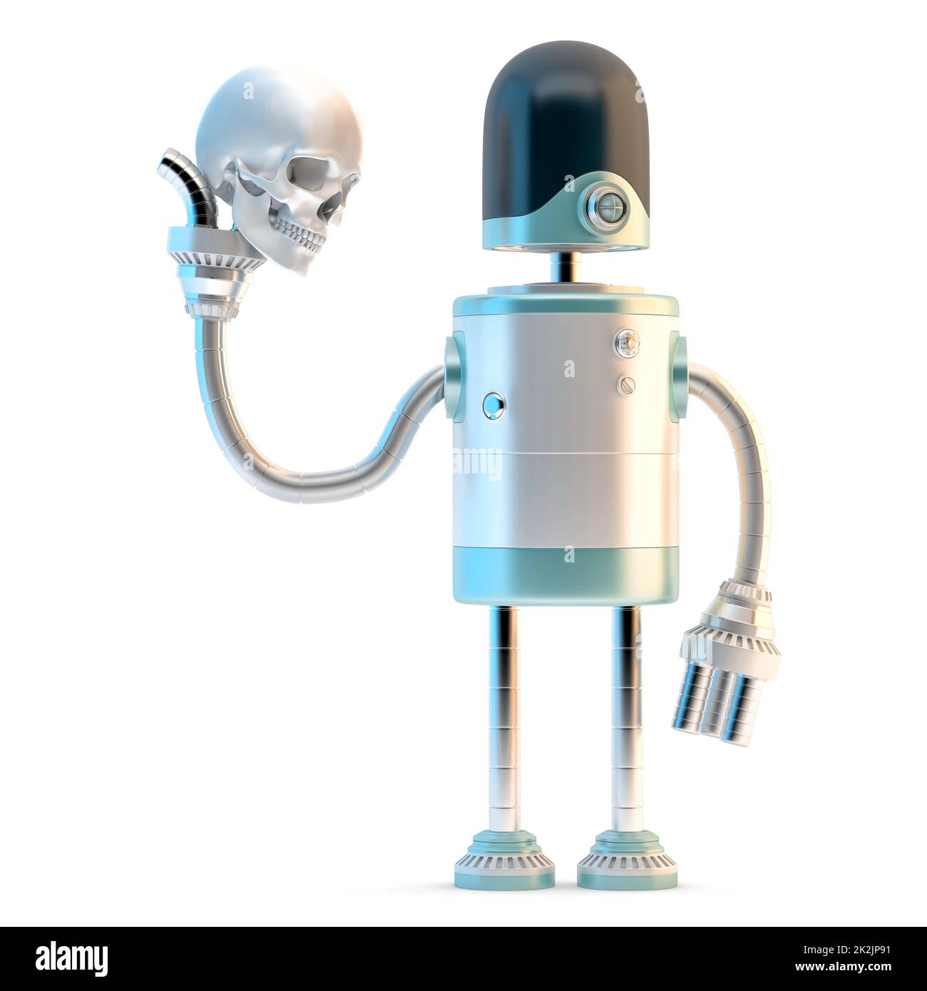 Robot tenant le crâne humain. Illustration 3D. Isolé Banque D'Images