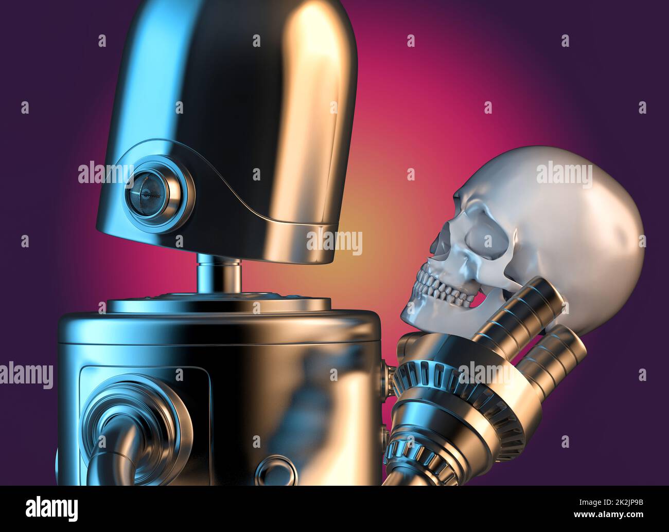 Robot tenant le crâne humain. Illustration 3D Banque D'Images