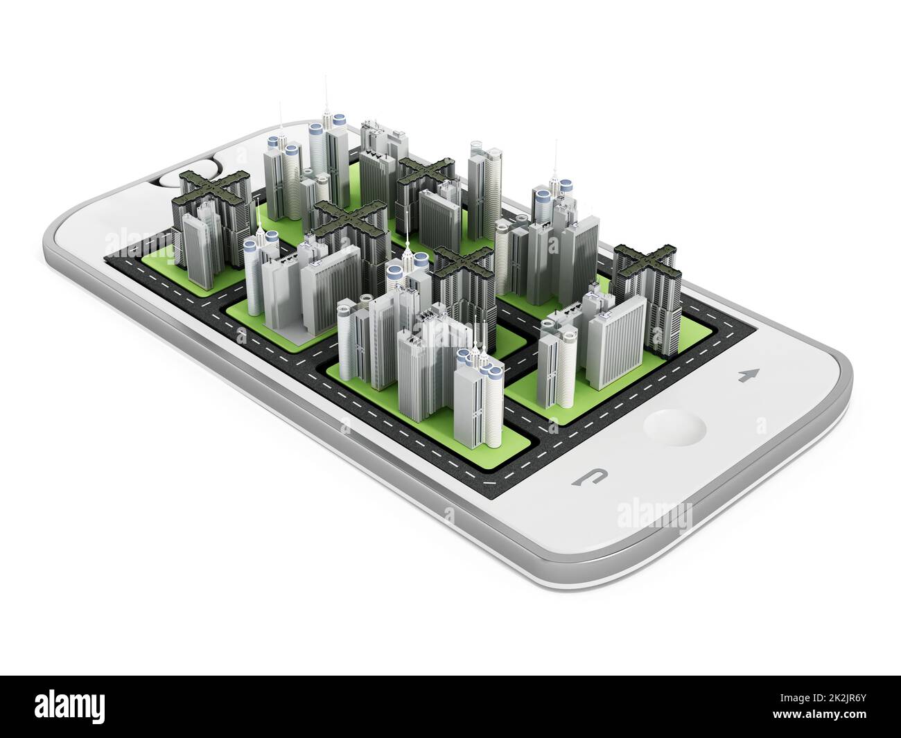 Bâtiments modernes de la ville sur l'écran du smartphone. 3D illustration Banque D'Images