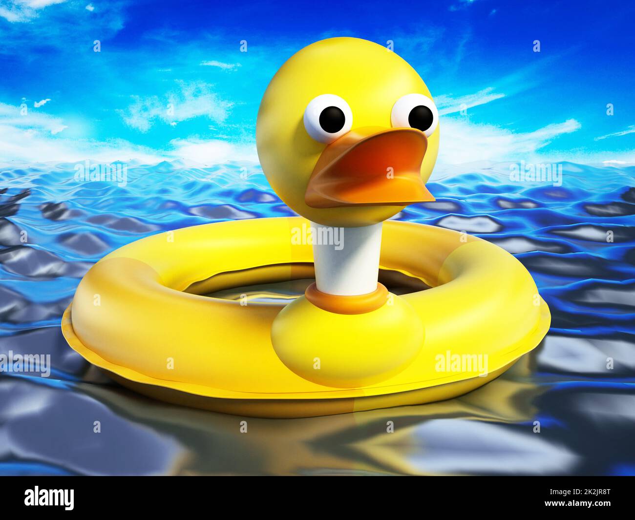Bouée de sauvetage de canard jaune debout sur la surface de la mer. 3D illustration Banque D'Images