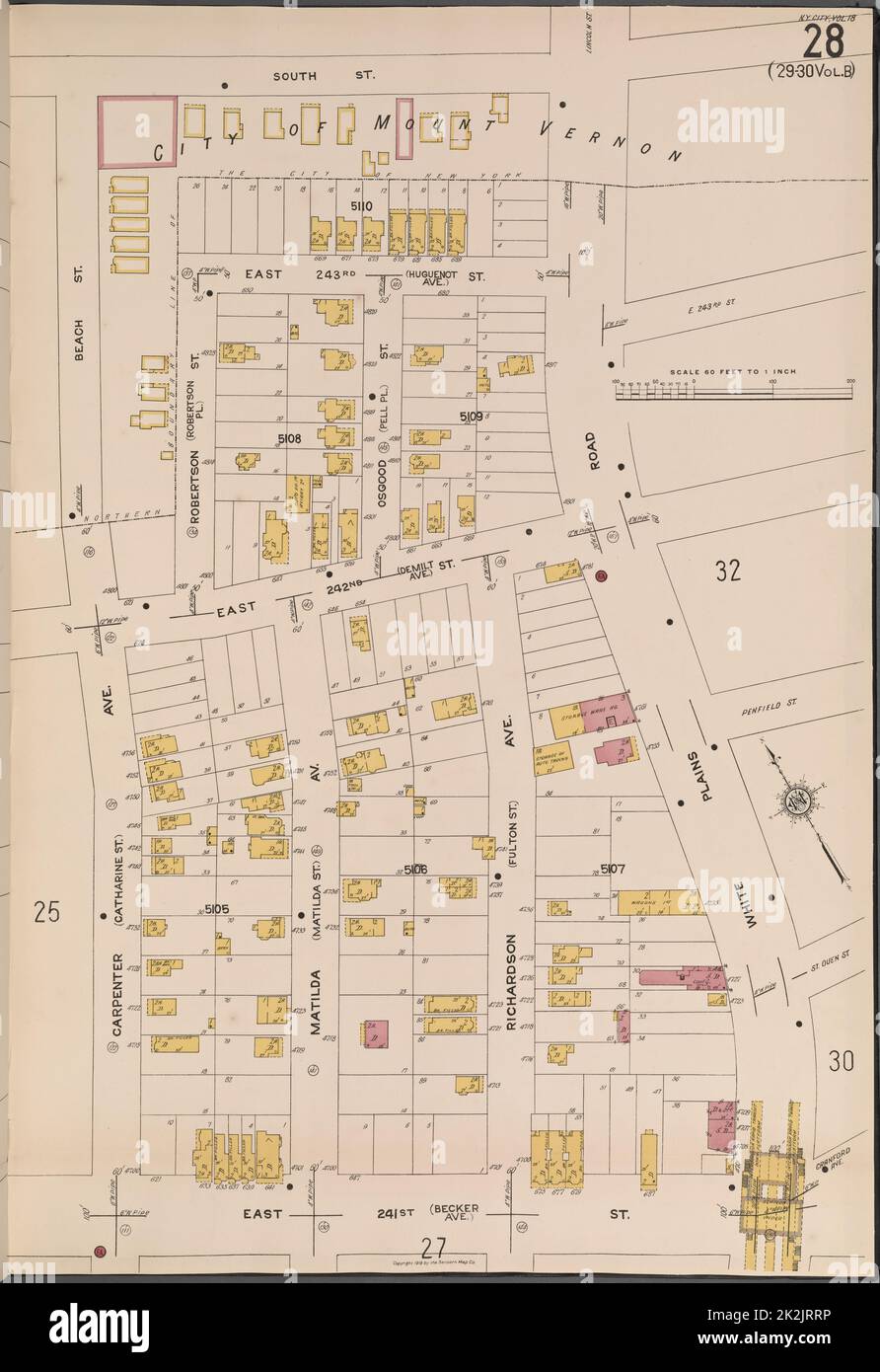 Cartographie, cartes. 1918. Lionel Pincus et Princess Firyal Map Division. Assurance-incendie , New York (État), biens immobiliers , New York (État), Villes et villages , New York (État) Bronx, V. 18, plaque no 28 carte délimitée par South St., White Plains Rd., E. 241st St., Carpenter Ave Banque D'Images