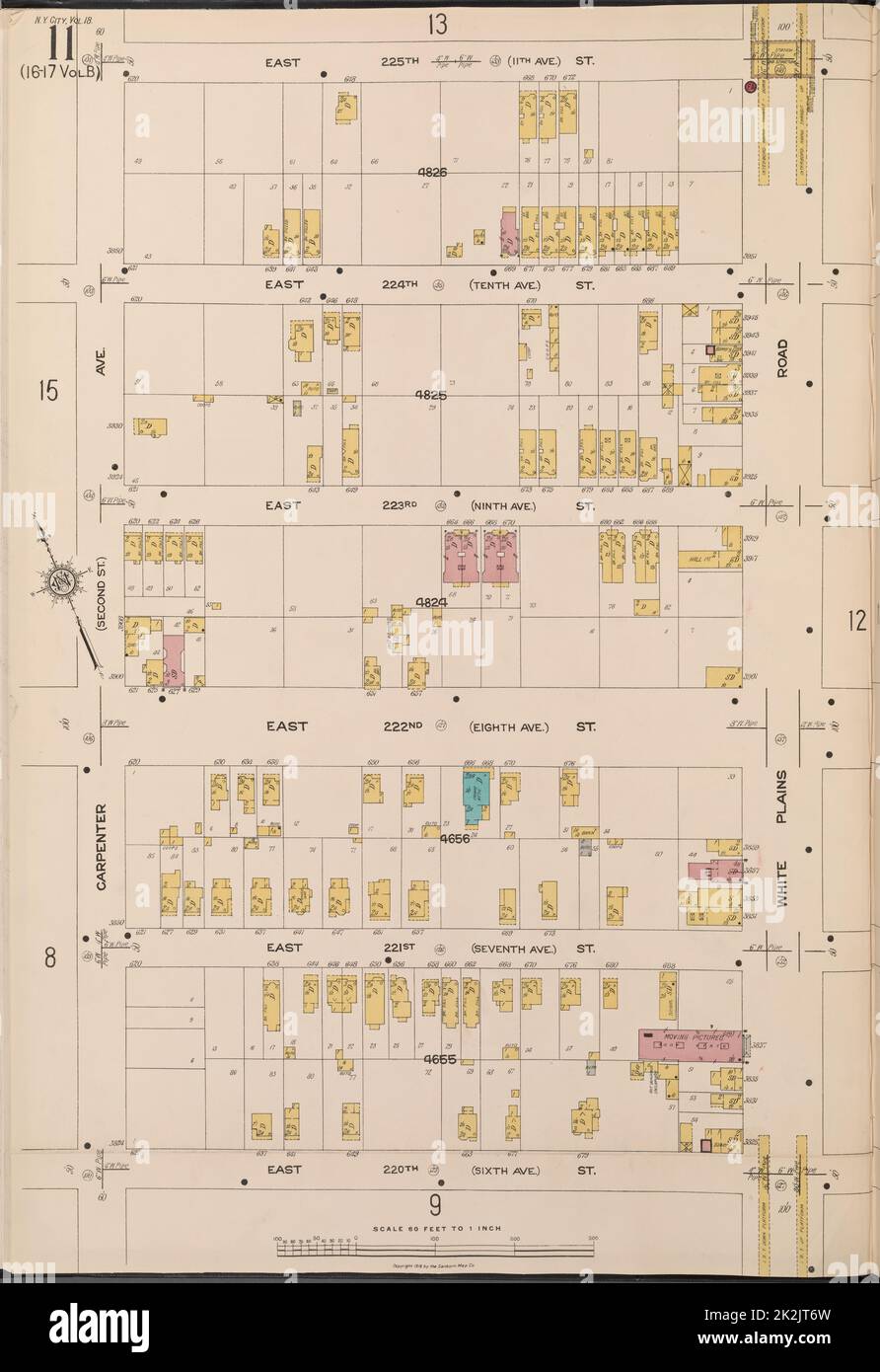 Cartographie, cartes. 1918. Lionel Pincus et Princess Firyal Map Division. Assurance-incendie , New York (État), immeubles , New York (État), Villes et villages , New York (État) Bronx, V. 18, plaque no 11 carte délimitée par E. 225th St., White Plains Rd., E. 220th St., Carpenter Ave Banque D'Images
