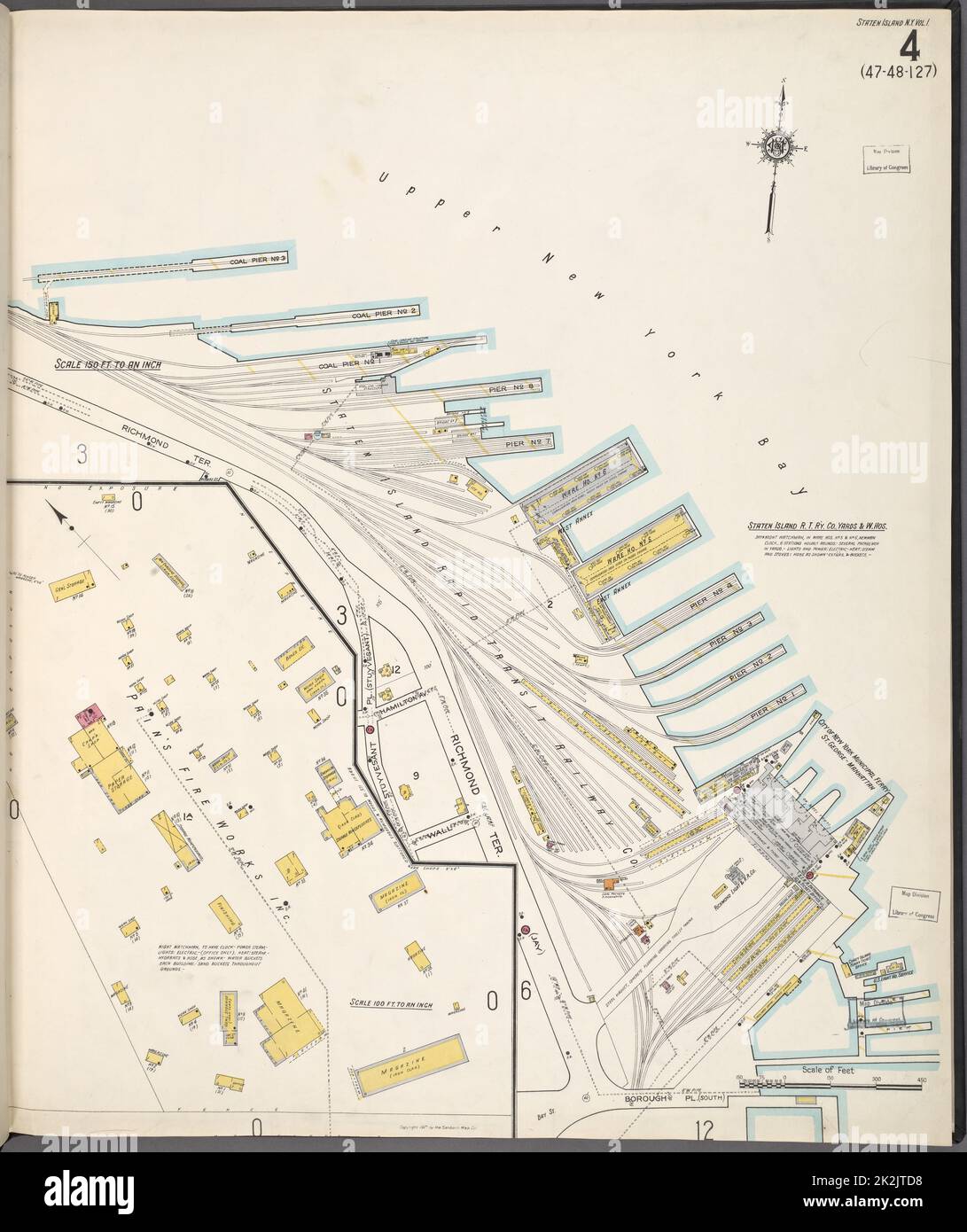 Cartographie, cartes. 1884 - 1936. Lionel Pincus et Princess Firyal Map Division. Assurance incendie , New York (État), immobilier , New York (État), Villes et villages , New York (État) Staten Island, V. 1, plaque no 4 carte délimitée par Upper New York Bay, Richmond Ter. Banque D'Images