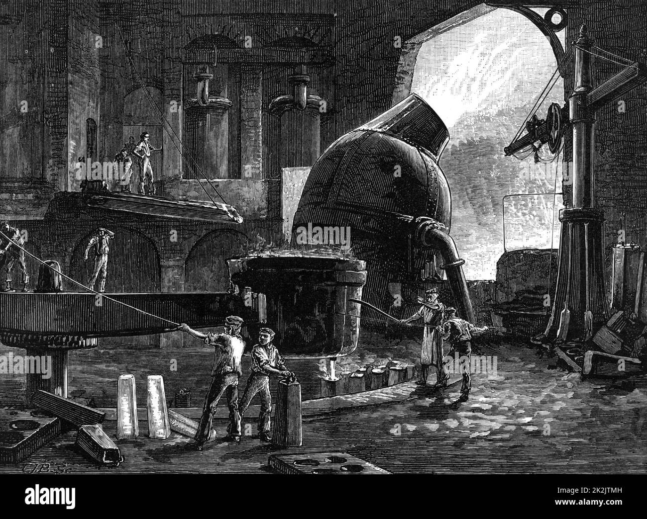 Fabrication de l'acier par le procédé Bessemer en exploitation à Sheffield, en Angleterre. Le métal fondu du convertisseur, au centre à droite, est versé du fond d'une louche dans des moules. De « Great Industries of Great Britain » (Londres, c1880). Gravure. Banque D'Images