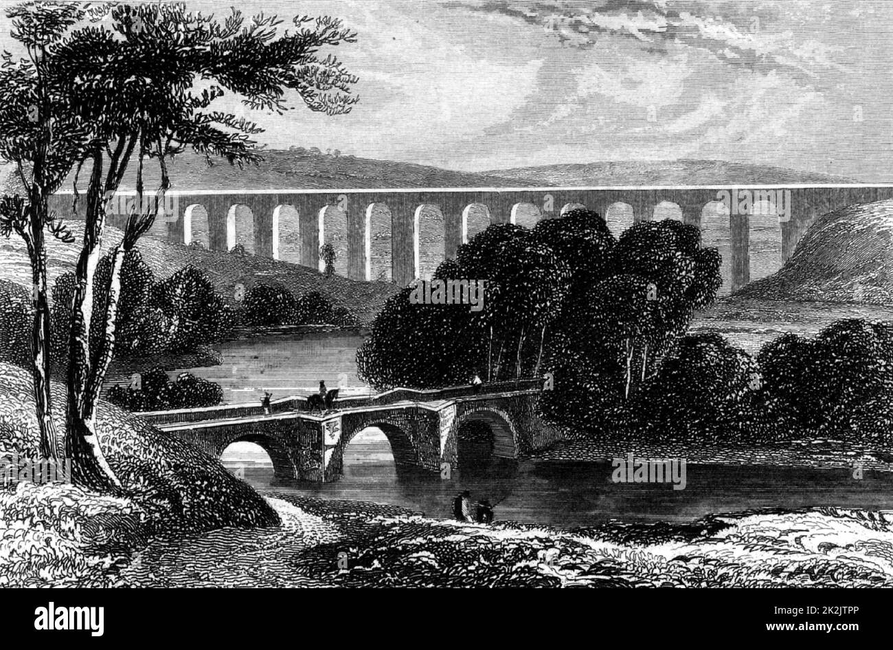 Vue sur le canal d'Ellesmere qui traverse la vallée de Llangollen, pays de Galles. Au milieu à droite f l'image est l'aqueduc de Pont-y-Cysyllte. Le plus notable de tous les aqueducs à travers le fer en Grande-Bretagne. Construit par Thomas Telford (1757-1834), ingénieur civil écossais. Ouvert en 1805, il mesure 307 mètres de long, avec 19 arches et se trouve à 30,7 mètres au-dessus de la rivière Dee. Il coûte £47 018. Gravure cica 1845. Transport. Génie civil. Banque D'Images