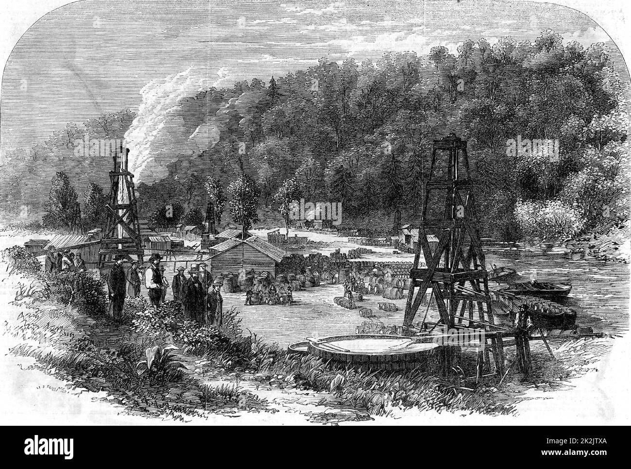 Sources d'huile à Tarr Farm, Oil Creek, Venango County, Pennsylvanie, états-unis. Gravure de 'The Illustrated London News' (Londres, 8 novembre 1862). Carburant. Hydrocarbure. Banque D'Images