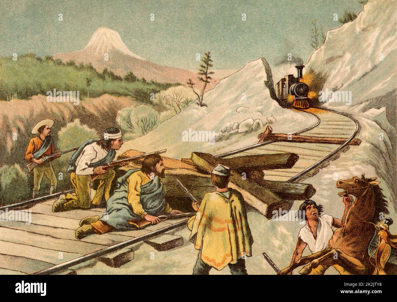 Des bandits embuent un train dans la région du New Hampshire-Maine aux États-Unis. Chromolithographe de 'Young England' (Londres, 1888). Banque D'Images