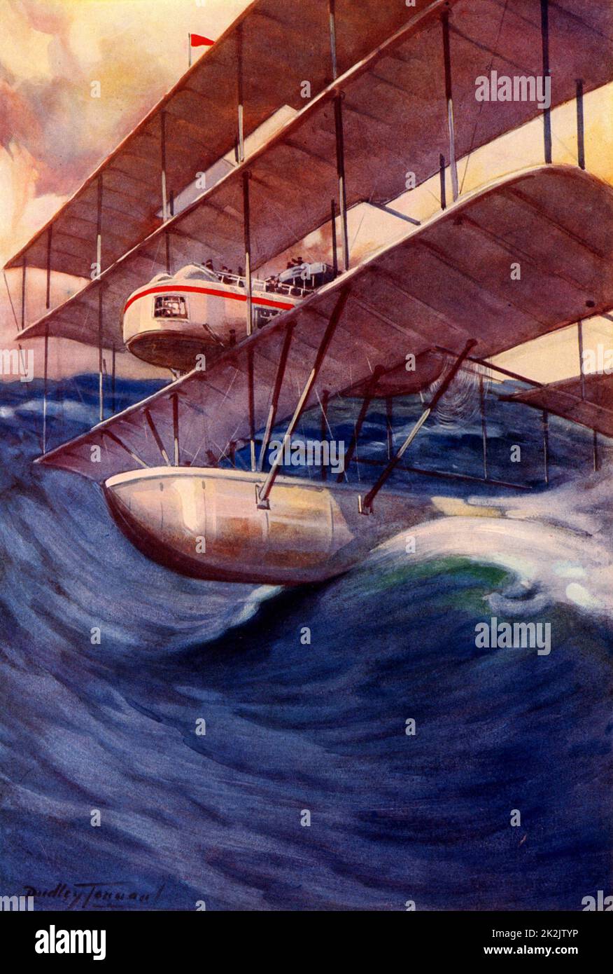 Le Air-Liner du futur, 1914. L'idée d'un avion de ligne transatlantique qui survolerait à 10 000 ans, mais en cas d'urgence, pourrait descendre au niveau de la mer et effleurer la surface. On s'attendait à ce que le vol entre Londres et New York prenne moins de 24 heures. Illustration par C Dudley Tennant (actif 1898-1918). Demi-ton. Banque D'Images