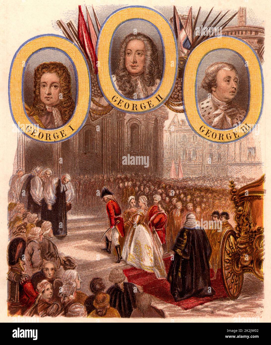 George III (1738-1820) Roi de Grande-Bretagne de 1760. George III et la reine Charlotte arrivant sur les marches de la cathédrale St Paul, Londres, pour remercier le roi pour le rétablissement de la maladie mentale, 23 avril 1789. En haut se trouvent des portraits de George I, George II et George III Chromolithographe Kronheim c1865. Banque D'Images