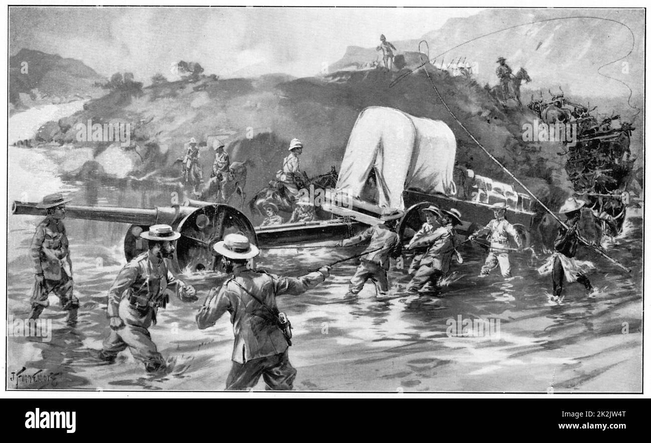 Les forces britanniques en tenant le pistolet naval 4,7 de l'autre côté de la rivière Tugela. 18 janvier 1900. 2e Guerre des Boers, 1899-1902 Banque D'Images