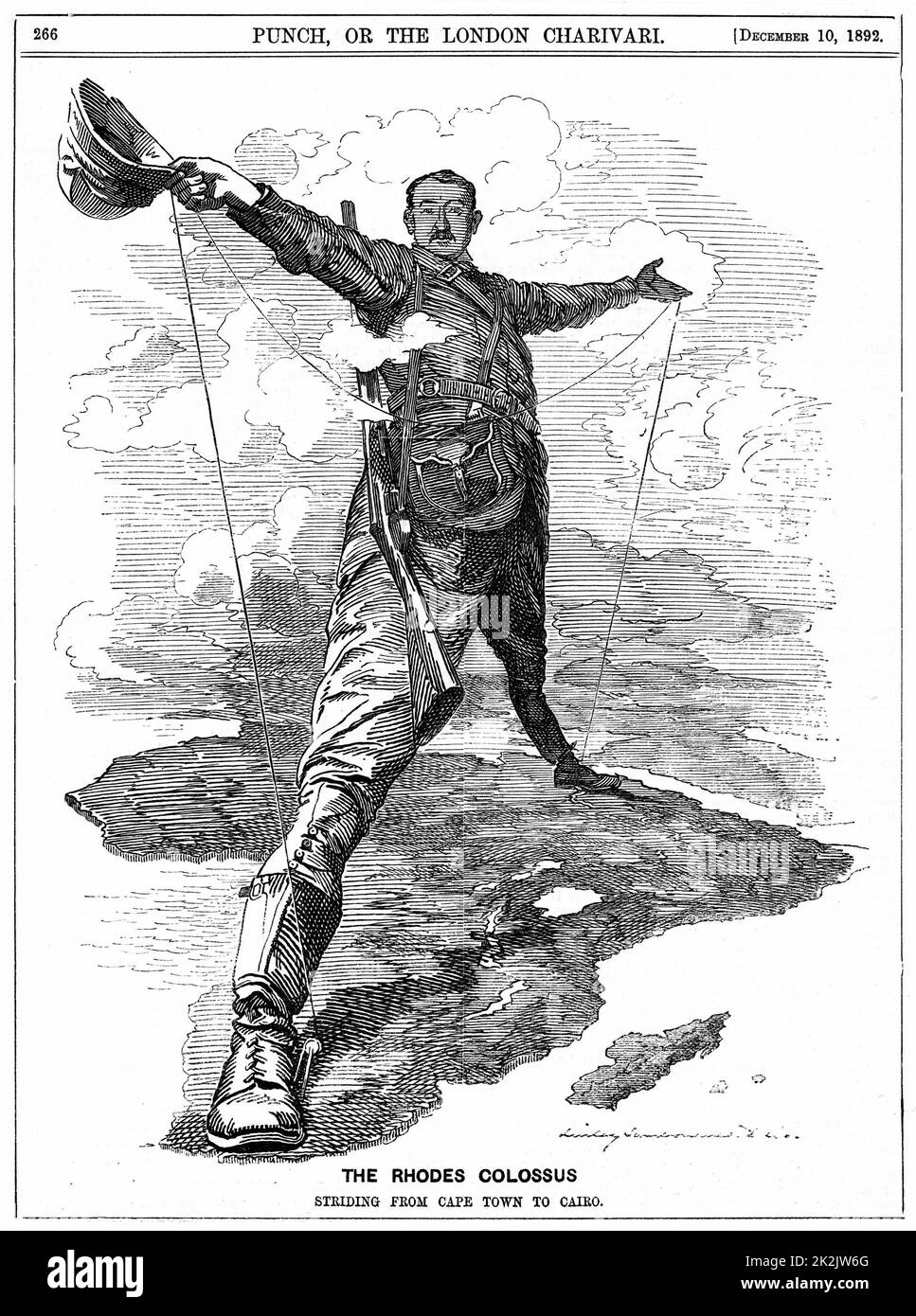 Cecil John Rhodes (1852-1902) English-né homme d'État sud-africain. Le Colosse de Rhodes s'du Cap au Caire avec un fil télégraphique. Richard Linley Sambourne caricature de 'Punch', Londres, 10 décembre 1892. Gravure Banque D'Images