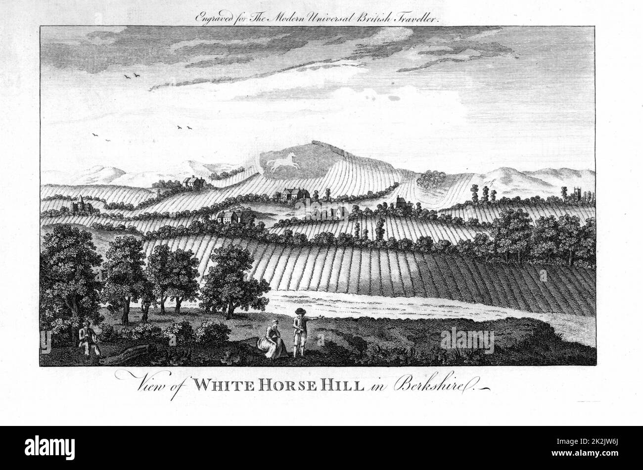White Horse Hill, Berkshire, Angleterre, montrant le paysage agricole avec ridge-et-sillon labourer et boîtier pré-paysage. Fin du xviiie siècle, la gravure sur cuivre. Banque D'Images