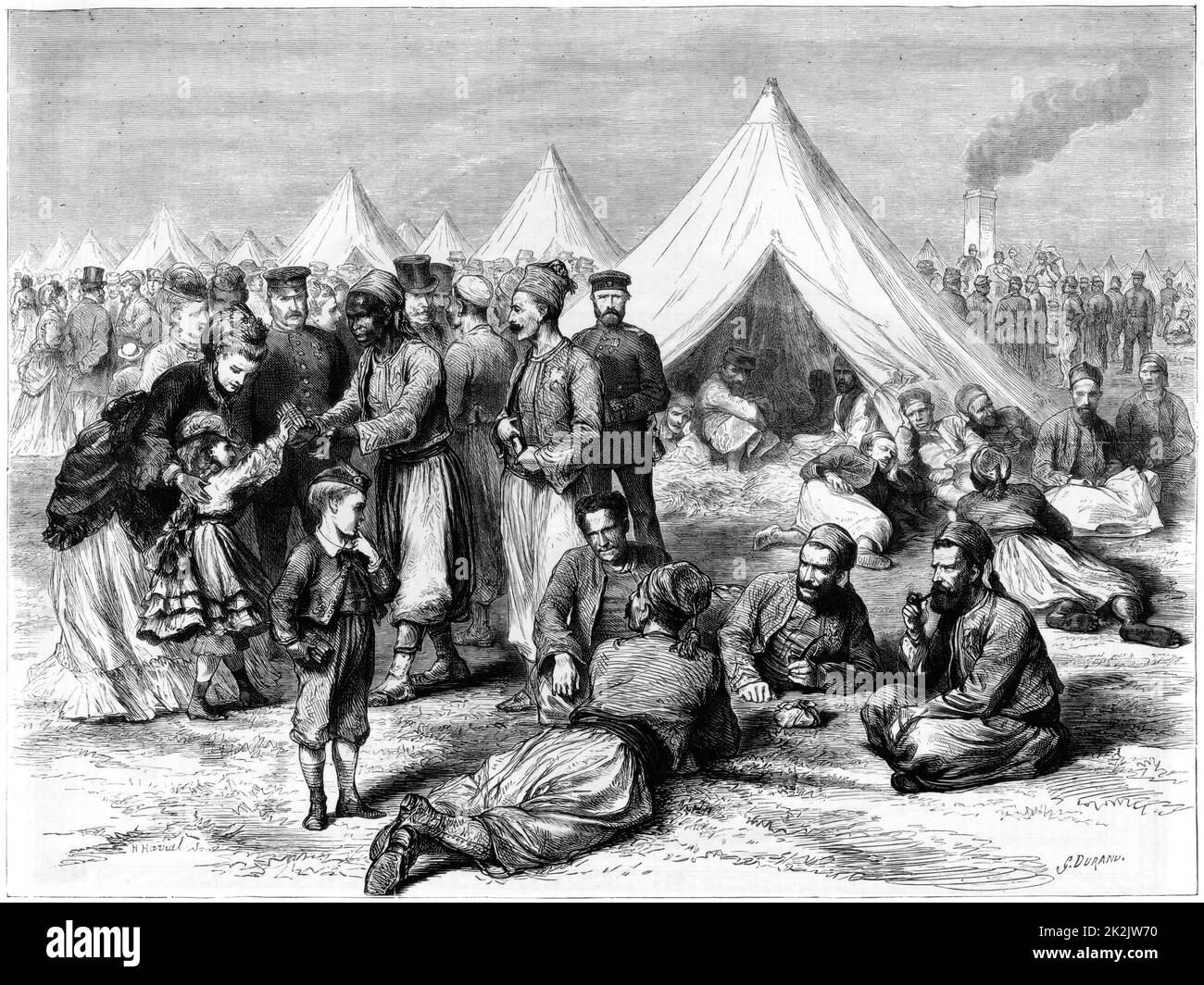 Guerre franco-prussienne 1870-1871: Camp de prisonniers de guerre français à Wahn, près de Cologne, 1870. Le correspondant commente l'amélioration des conditions de détention depuis Waterloo quarante ans auparavant, en partie grâce à la Convention de Genève de 1864. Dans « le graphique ». (Londres, 22 octobre 1870). Gravure en bois. France. Allemagne. Banque D'Images