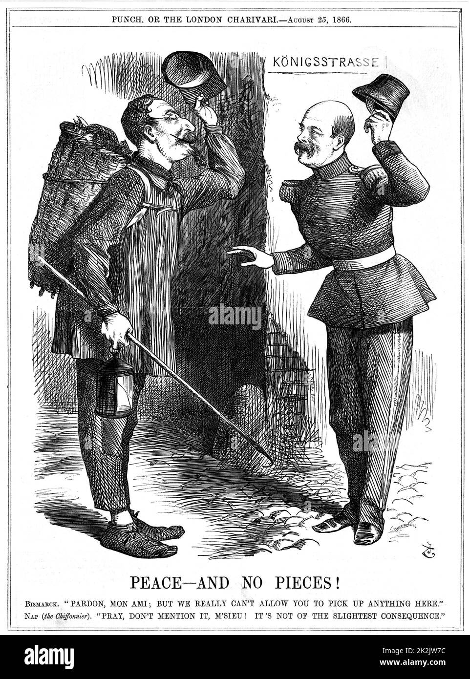 Napoléon III, empereur français 1852-1870, vêtu d'un rag-picker (Chiffonnier), mis en garde par Otto von Bismarck, chancelier prussien. Les ambitions territoriales de Napoléon ont conduit à la guerre franco-prussienne de 1870-71. Dessin animé John Tenniel de Punch, Londres, 25 août 1866. Gravure Banque D'Images