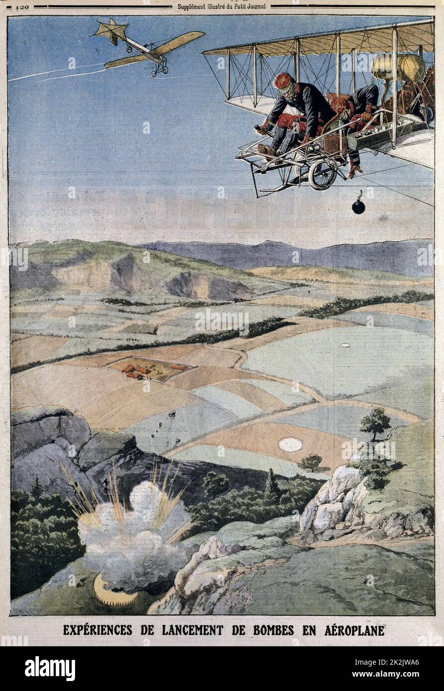 Des membres du corps aérien français sur la pratique de la bombe à Chalons. Du « petit Journal », Paris, 14 avril 1912 Banque D'Images