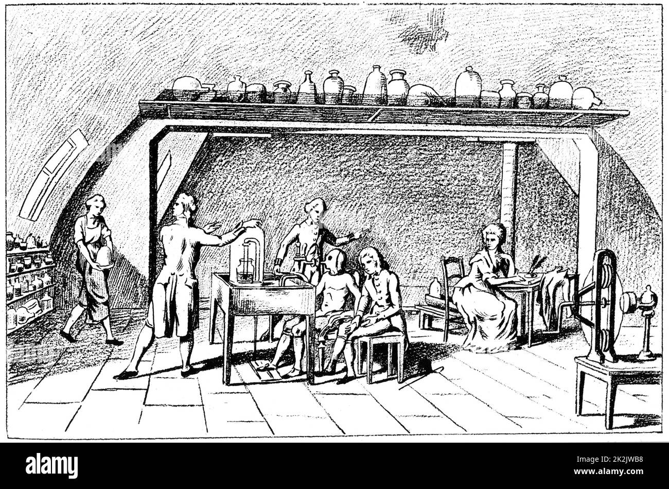 Antoine Laurent Lavoisier (1743-1794), chimiste français, découvre l'oxygène. Lavoisier étudie la respiration. Il a découvert l'échange de gaz dans les poumons et a prouvé que le dioxyde de carbone et l'eau sont les produits normaux de la respiration. Sur la base d'une photo de Madame Lavoie (illustrée à droite) prenant des notes. Banque D'Images