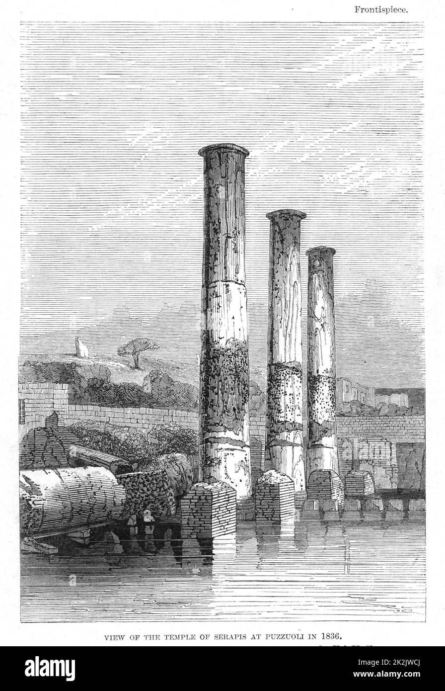 Frontispice de la neuvième édition de Charles Lyell "Principes de Géologie", Londres, 1853, montrant le temple de Sérapis à Puzzuoli en 1836 et comment il avait disparu lentement, appuyant ainsi la théorie de géologie Uniformitarienne Banque D'Images