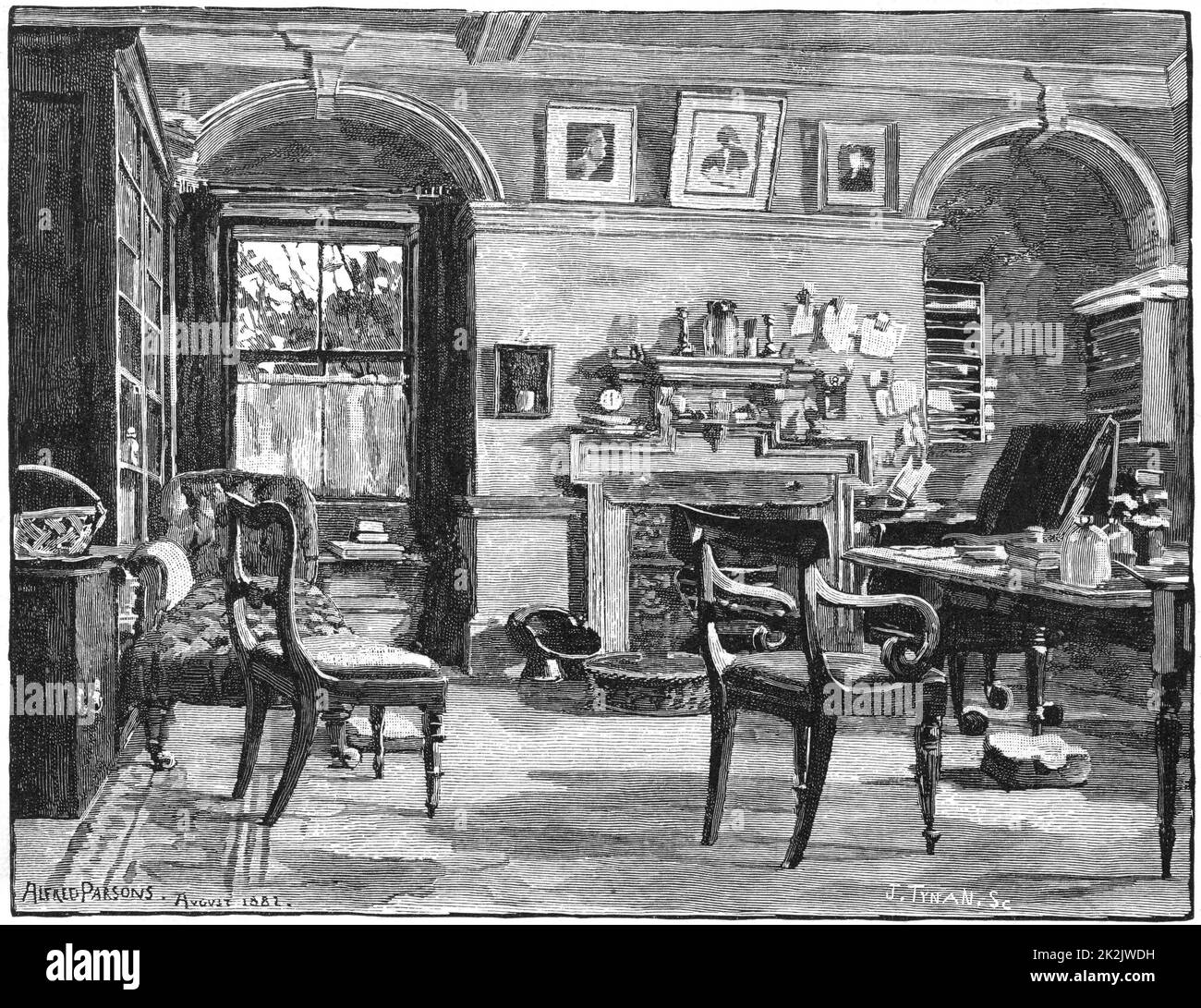 Charles Darwin (1809-1882) étude à Down House, Beckenham, Kent. Naturaliste anglais. L'évolution par sélection naturelle. Gravure, 1882. Banque D'Images