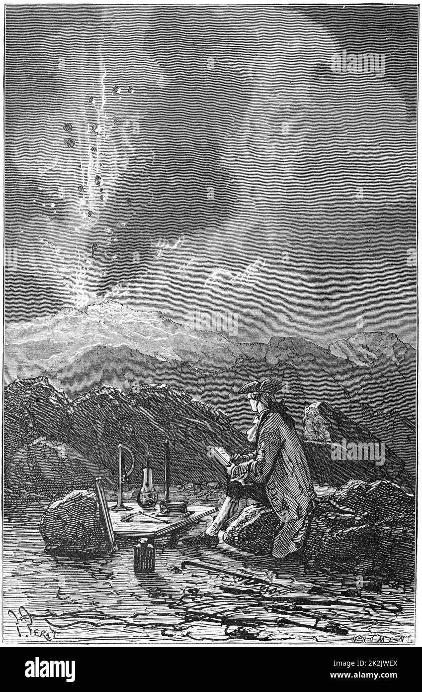 Lazaro Spallanzani (1729-99) L'observation d'une éruption de l'Etna. Biologiste et naturaliste italien. Paris 1874 publiés gravure Banque D'Images