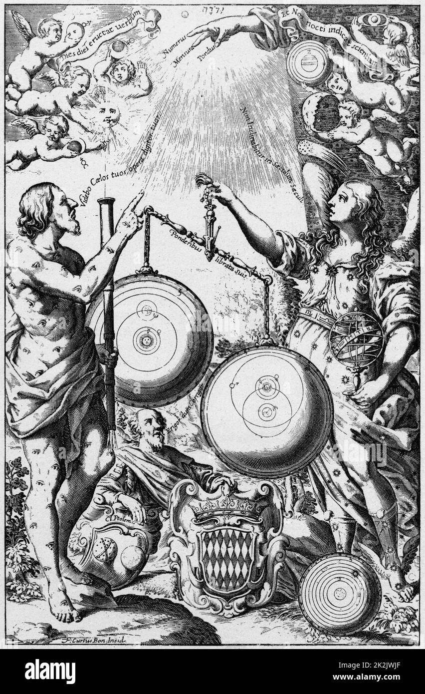 Urania, la muse de l'astronomie, pesant et comparant les systèmes de l'univers et donnant plus de poids au système de Tycho, à droite, qu'à celui de Copernic. Le système de Ptolémée est jeté à ses pieds. De Riccioli 'Almagestum Novum', Bologne, 1651 Banque D'Images