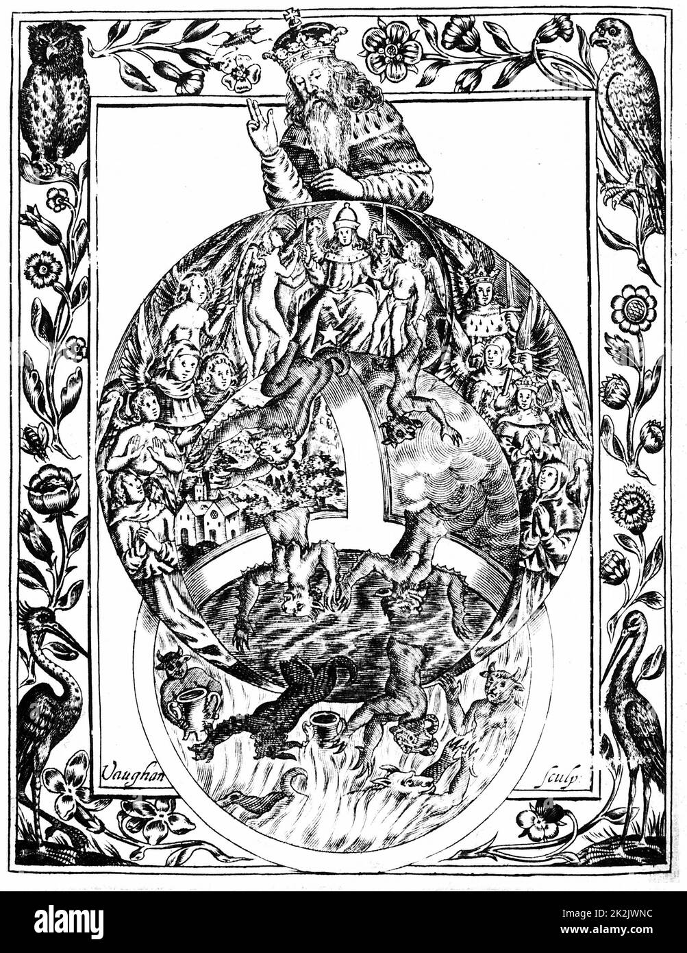 Hiérarchie de l'Église, avec Dieu à la tête, le Pape ci-dessous flanquée d'anges, rois, prêtres et laïcs, avec les démons de tomber dans les flammes de l'enfer ci-dessous. D'Elias Ashmole "Theatrum Chemicum Britannicum', Londres, 1652. Gravure Banque D'Images