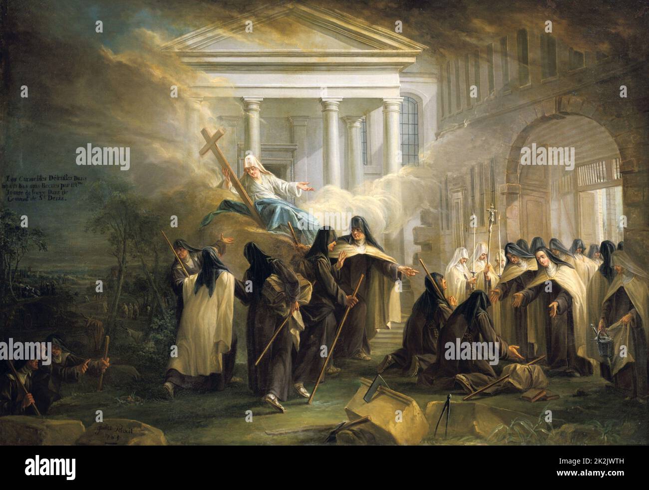 Anonyme les Carmes arrivant à Bruxelles. Nonnes, épuisées d'un long voyage, accueillies par leurs Sœurs. Peinture du 18th siècle Banque D'Images