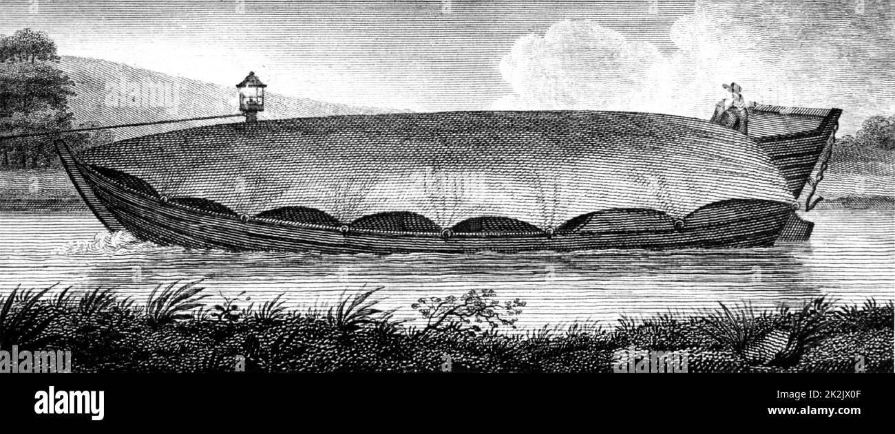 Bateau de canal chargé recouvert de bâche. Corde menant à cheval est sur la gauche. De "A Treatise on the Improvement of Canal navigation" par Robert Fulton (Londres, 1796). Robert Fulton (1765-1815) ingénieur américain. Gravure. Transport. Banque D'Images