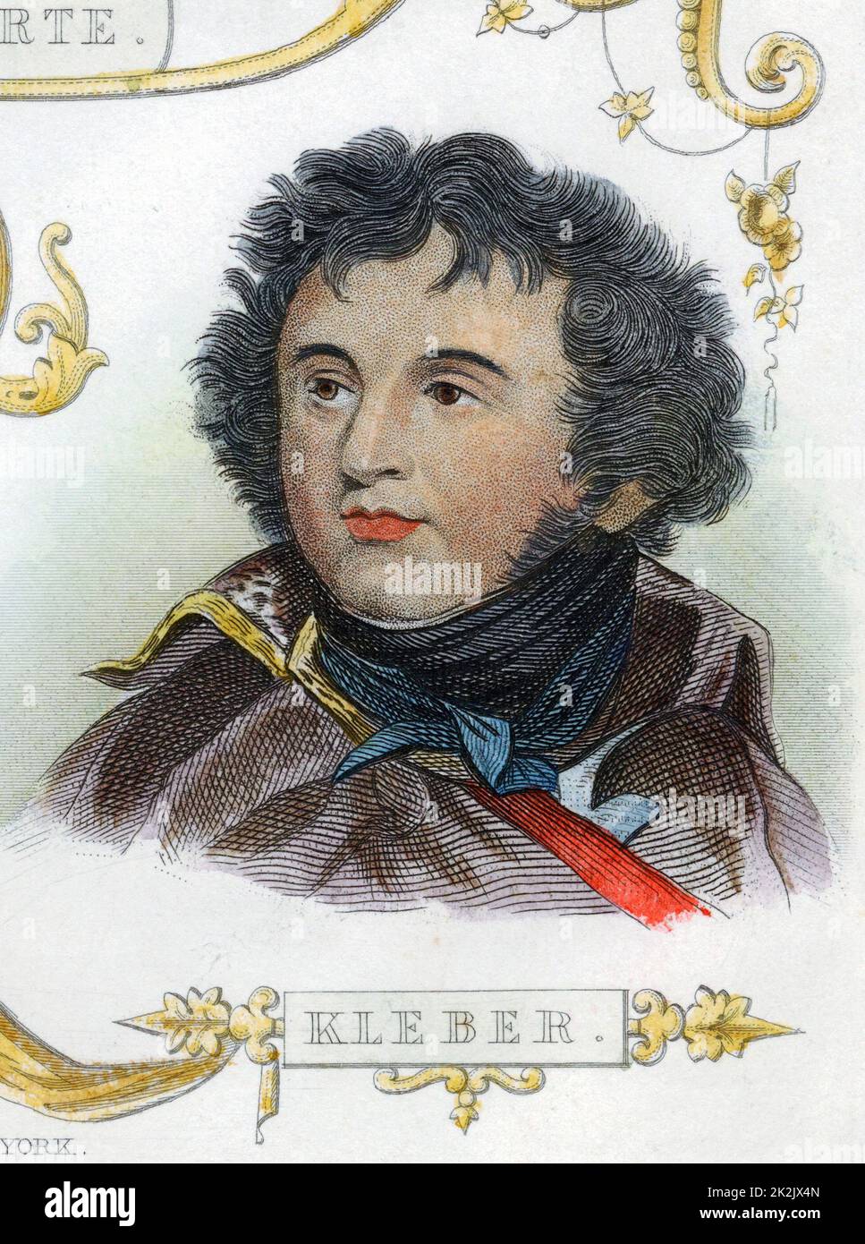 Jean Baptiste Kleber (1753-1800) soldat français. Il commanda les forces françaises en Égypte après le départ de Napoléon. Assassiné au Caire par un fanatique égyptien. Gravure de couleur main Banque D'Images