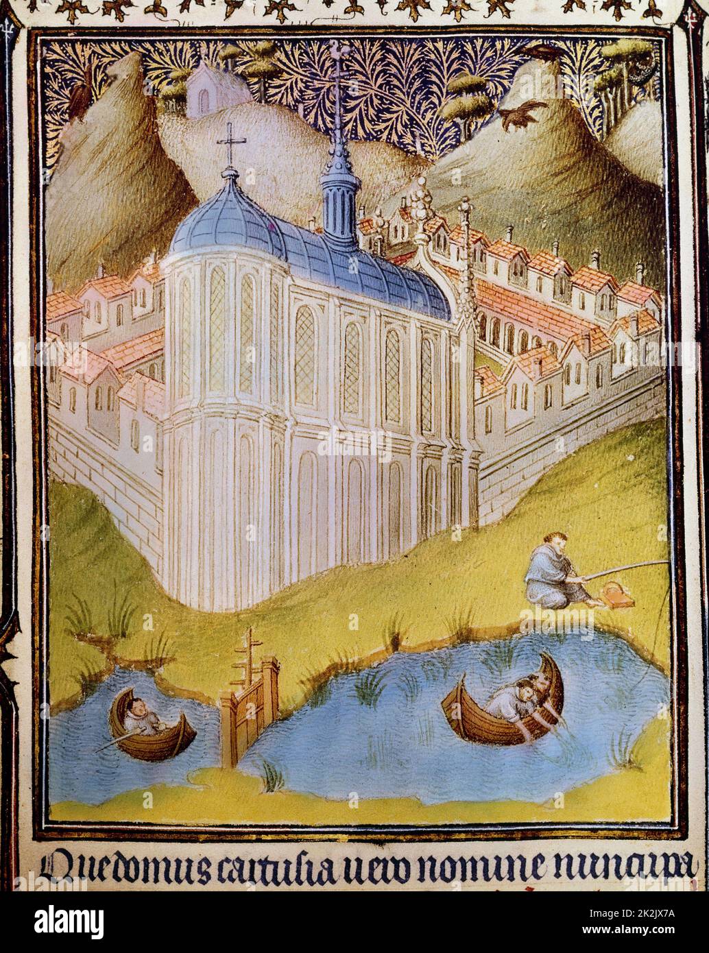 Les moines chartreusiens pêchent et pêchent dans les étangs à poissons du monastère, Chartreuse, fondée par St Bruno de Cologne (11th siècle). Détail des belles heures du duc Jean de Berry. manuscrit du 15th siècle Banque D'Images